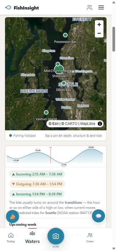 FishInsight on a phone — the Puget Sound hotspot map, pins for Possession Bar, Mid-Channel Bank and Shilshole